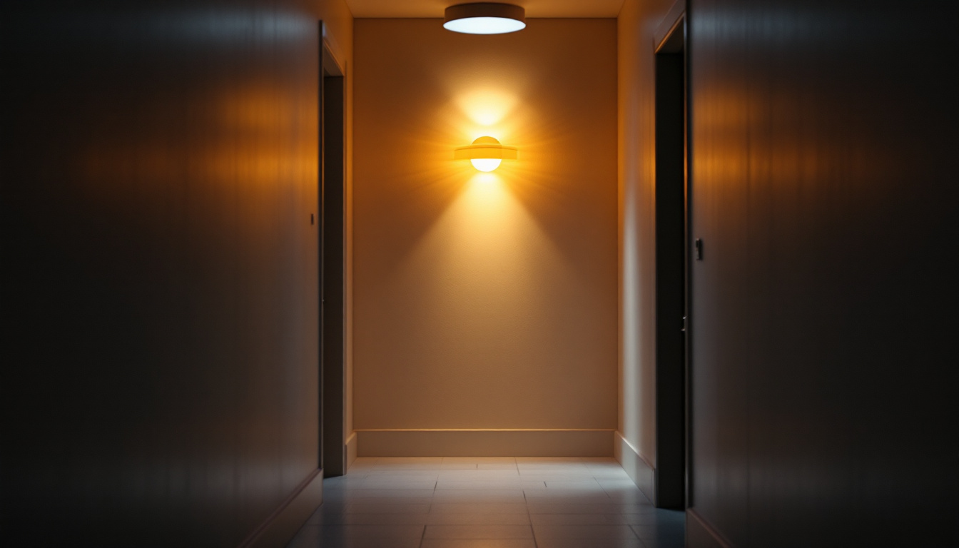 A photograph of a beautifully illuminated hallway featuring a stylish lamp that highlights the interplay of light and shadow