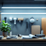 A photograph of a well-organized lighting contractor workspace featuring led light tubes prominently displayed