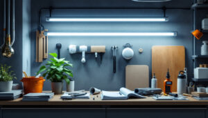 A photograph of a well-organized lighting contractor workspace featuring led light tubes prominently displayed