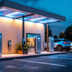 A photograph of a modern commercial electric vehicle charging station illuminated by efficient lighting