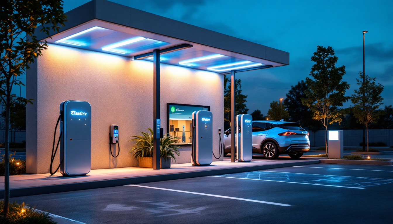 A photograph of a modern commercial electric vehicle charging station illuminated by efficient lighting