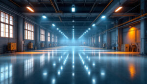 A photograph of a well-lit commercial or industrial space showcasing led lighting installations