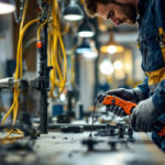 A photograph of a lighting contractor expertly using a cable puller in a dynamic work environment