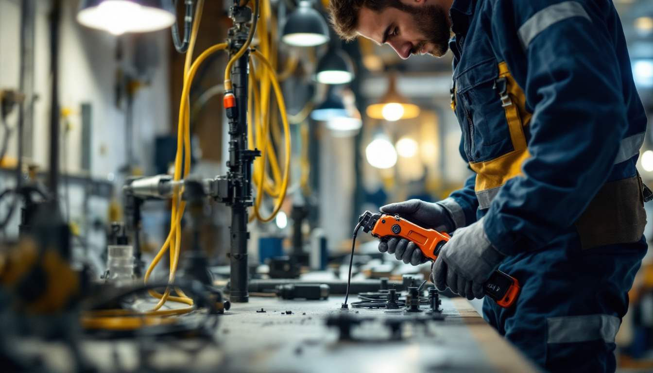 A photograph of a lighting contractor expertly using a cable puller in a dynamic work environment