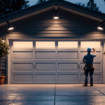 A photograph of a well-lit outdoor garage space showcasing various types of outdoor garage lights in use