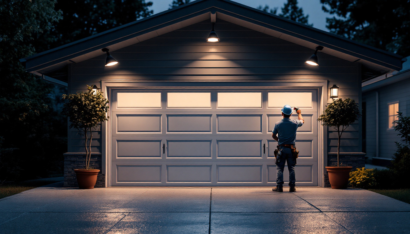 A photograph of a well-lit outdoor garage space showcasing various types of outdoor garage lights in use