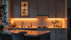A photograph of a beautifully designed kitchen showcasing under-cabinet led lighting in action