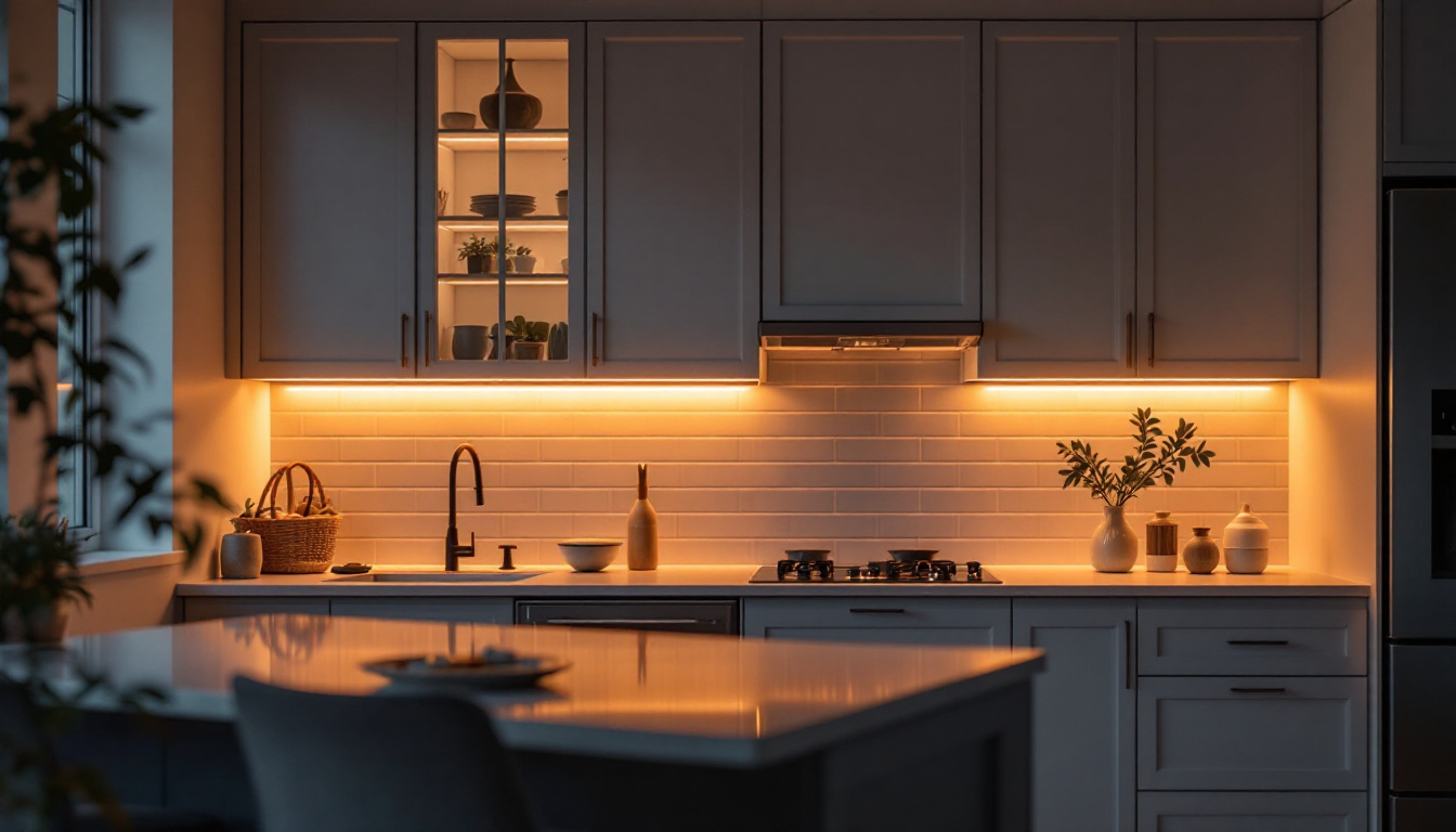 A photograph of a beautifully designed kitchen showcasing under-cabinet led lighting in action