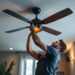 A photograph of a skilled lighting contractor installing a stylish big fan ceiling fixture in a modern