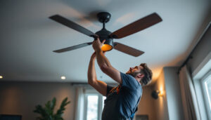 A photograph of a skilled lighting contractor installing a stylish big fan ceiling fixture in a modern