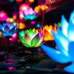 A photograph of a beautifully arranged display of lotus lantern led lights in a dimly lit setting