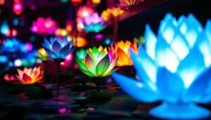 A photograph of a beautifully arranged display of lotus lantern led lights in a dimly lit setting