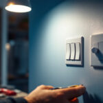 A photograph of a lighting contractor expertly installing or demonstrating a three-way switch setup in a residential setting