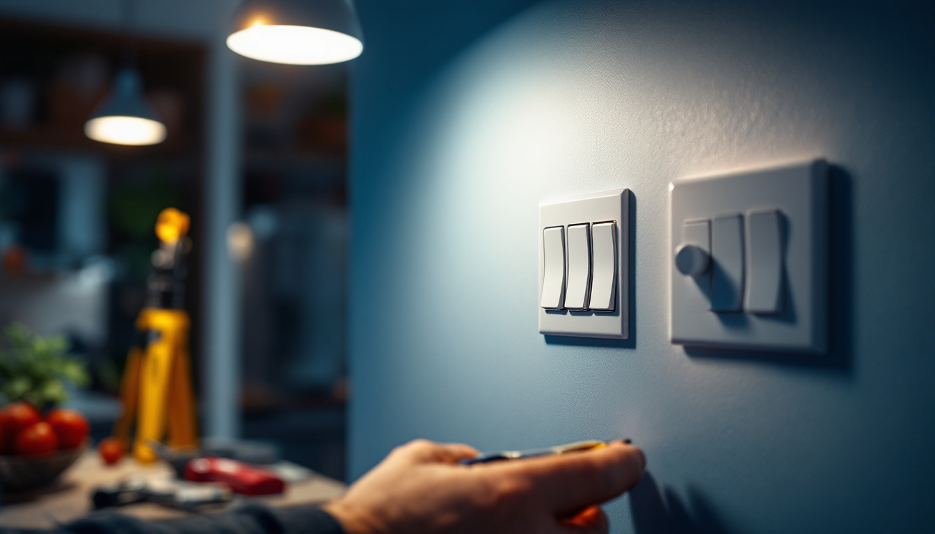 A photograph of a lighting contractor expertly installing or demonstrating a three-way switch setup in a residential setting