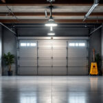 A photograph of a well-lit garage featuring a stylish and modern light fixture