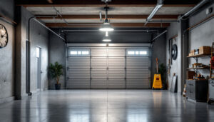 A photograph of a well-lit garage featuring a stylish and modern light fixture