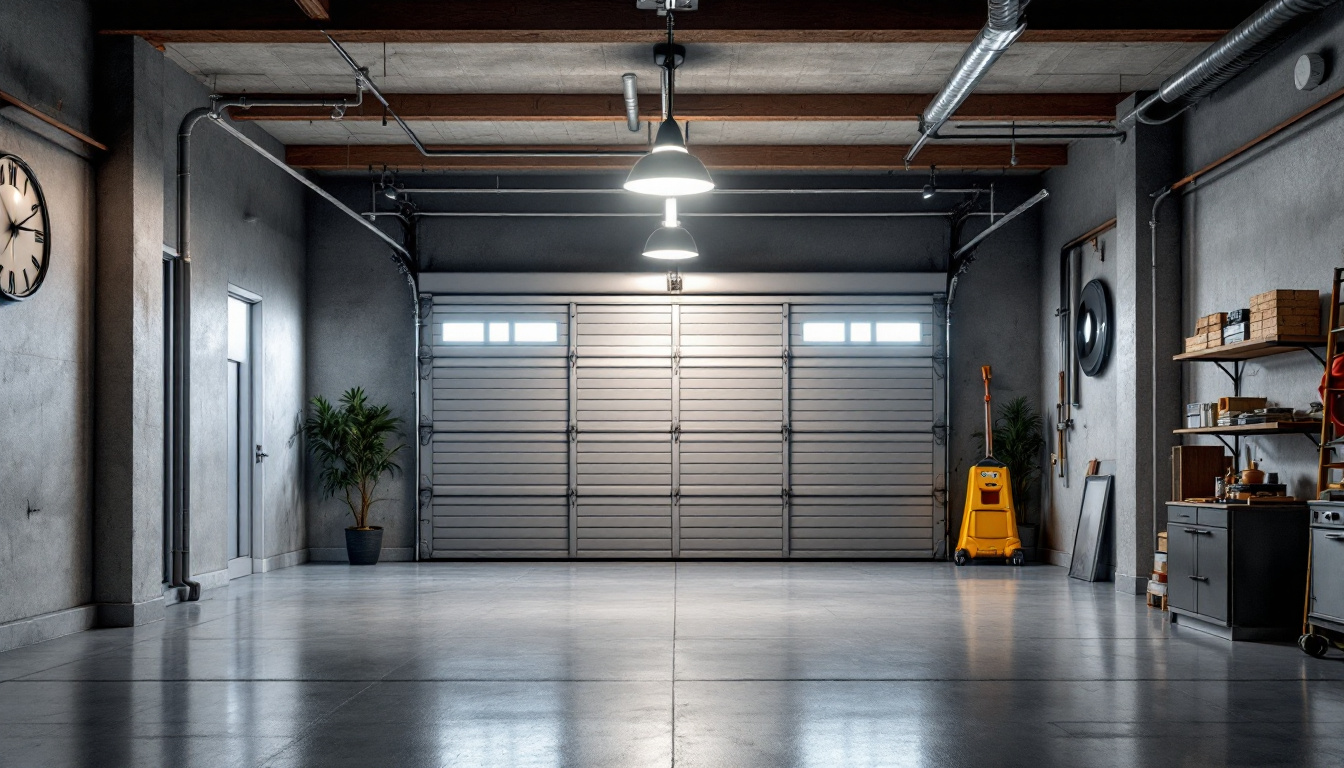 A photograph of a well-lit garage featuring a stylish and modern light fixture