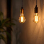 A photograph of a modern bulb lamp illuminating a stylish interior space