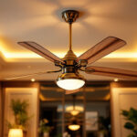 A photograph of an elegantly designed ceiling fan in a stylishly lit room