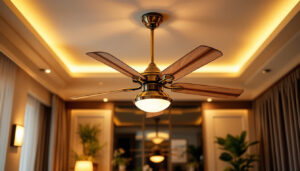 A photograph of an elegantly designed ceiling fan in a stylishly lit room