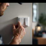 A photograph of a lighting contractor installing or adjusting a 3-way led light switch in a modern home setting