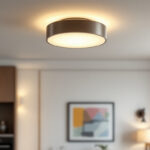 A photograph of a stylish ceiling flush mount light fixture installed in a modern living space