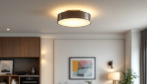 A photograph of a stylish ceiling flush mount light fixture installed in a modern living space