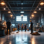 A photograph of a well-lit shop floor showcasing a variety of industrial lighting fixtures in use