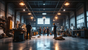 A photograph of a well-lit shop floor showcasing a variety of industrial lighting fixtures in use
