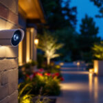 A photograph of a well-lit outdoor scene featuring a high-quality camera equipped with motion sensors