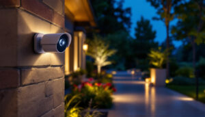 A photograph of a well-lit outdoor scene featuring a high-quality camera equipped with motion sensors