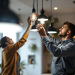 A photograph of a lighting contractor in action