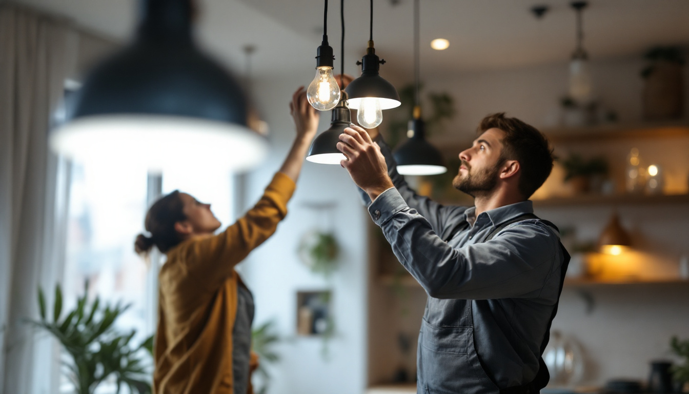 A photograph of a lighting contractor in action