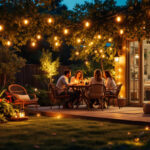 A photograph of a beautifully illuminated outdoor space featuring led string lights in action