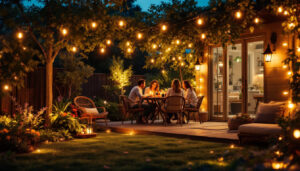 A photograph of a beautifully illuminated outdoor space featuring led string lights in action