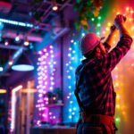 A photograph of a skilled lighting contractor installing vibrant led lights in a commercial space