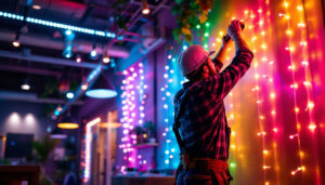 A photograph of a skilled lighting contractor installing vibrant led lights in a commercial space