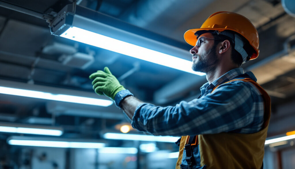 A photograph of a lighting contractor installing led fixtures in a commercial space