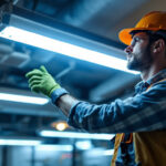 A photograph of a lighting contractor installing led fixtures in a commercial space