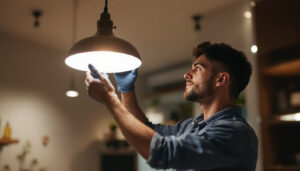A photograph of a lighting contractor expertly installing or adjusting a norwood three lighting fixture in a well-lit