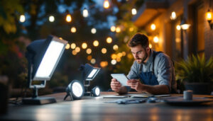 A photograph of a well-lit outdoor space showcasing various types of led lights in use