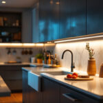 A photograph of a well-lit kitchen featuring stylish under counter lighting that highlights the countertops and workspace