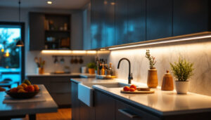 A photograph of a well-lit kitchen featuring stylish under counter lighting that highlights the countertops and workspace