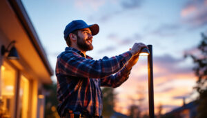A photograph of a skilled lighting contractor installing a modern led outdoor light fixture in a residential setting during twilight