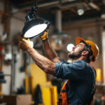 A photograph of a lighting contractor in action