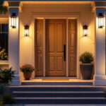 A photograph of a beautifully lit outdoor entryway featuring a variety of stylish outdoor lights