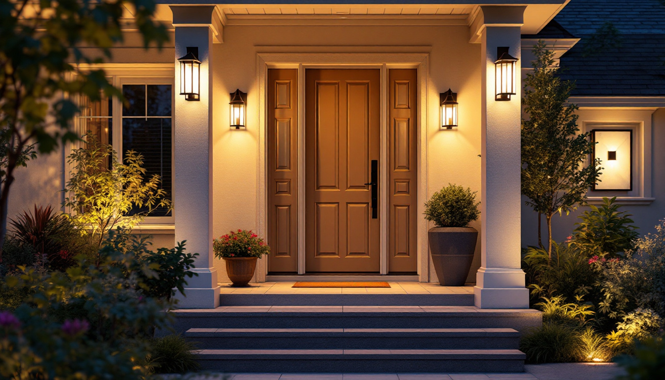 A photograph of a beautifully lit outdoor entryway featuring a variety of stylish outdoor lights