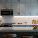 A photograph of a beautifully designed kitchen featuring stylish under-cabinet lighting that highlights common mistakes