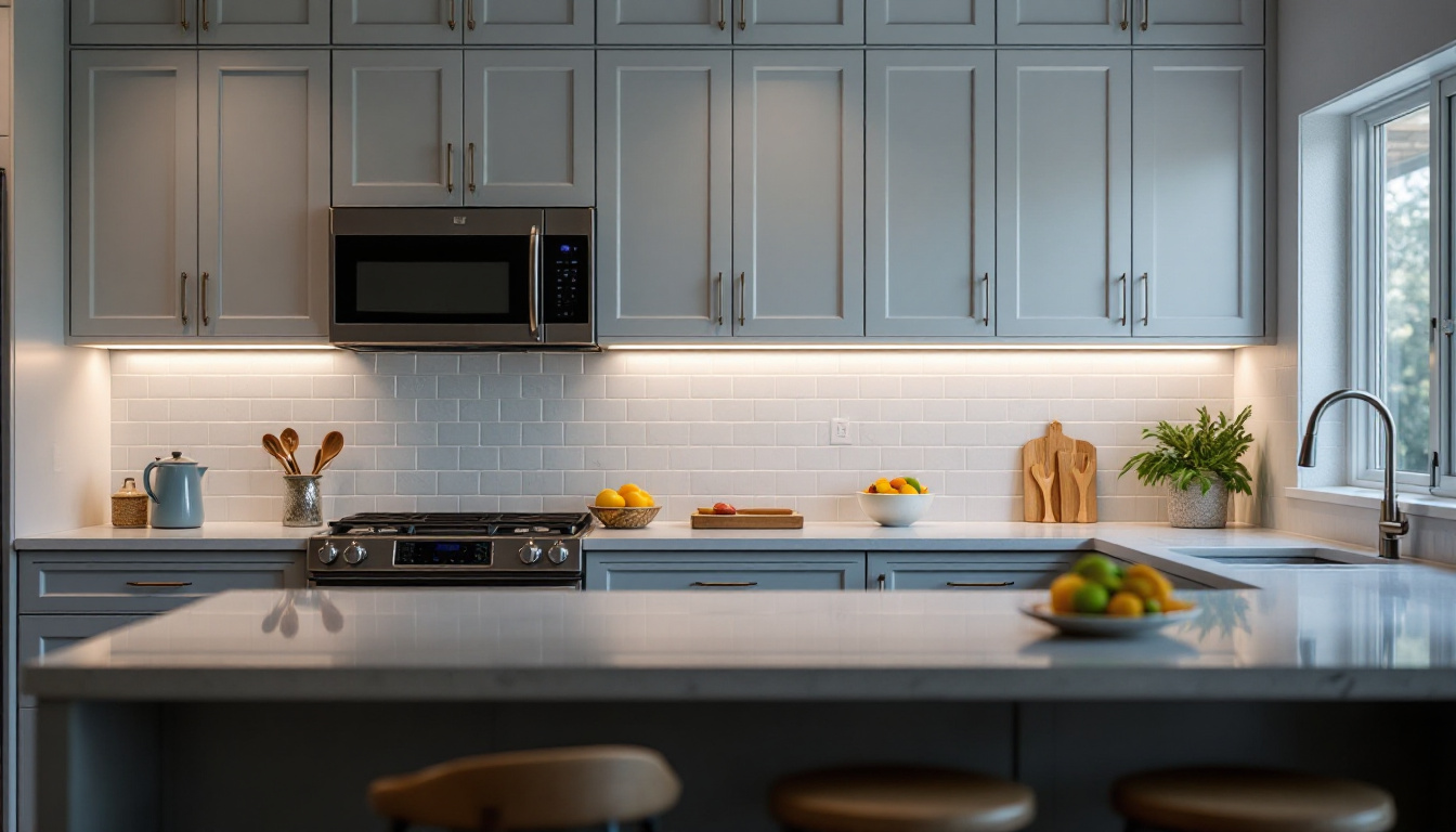 A photograph of a beautifully designed kitchen featuring stylish under-cabinet lighting that highlights common mistakes