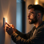 A photograph of a lighting contractor installing a push button switch in a modern residential setting